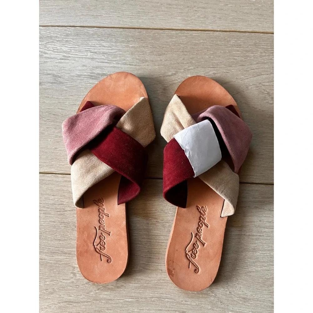 Free People Women Suede Twisted Slide Sandals Burgundy Tan Mauve Flat 36 NEW